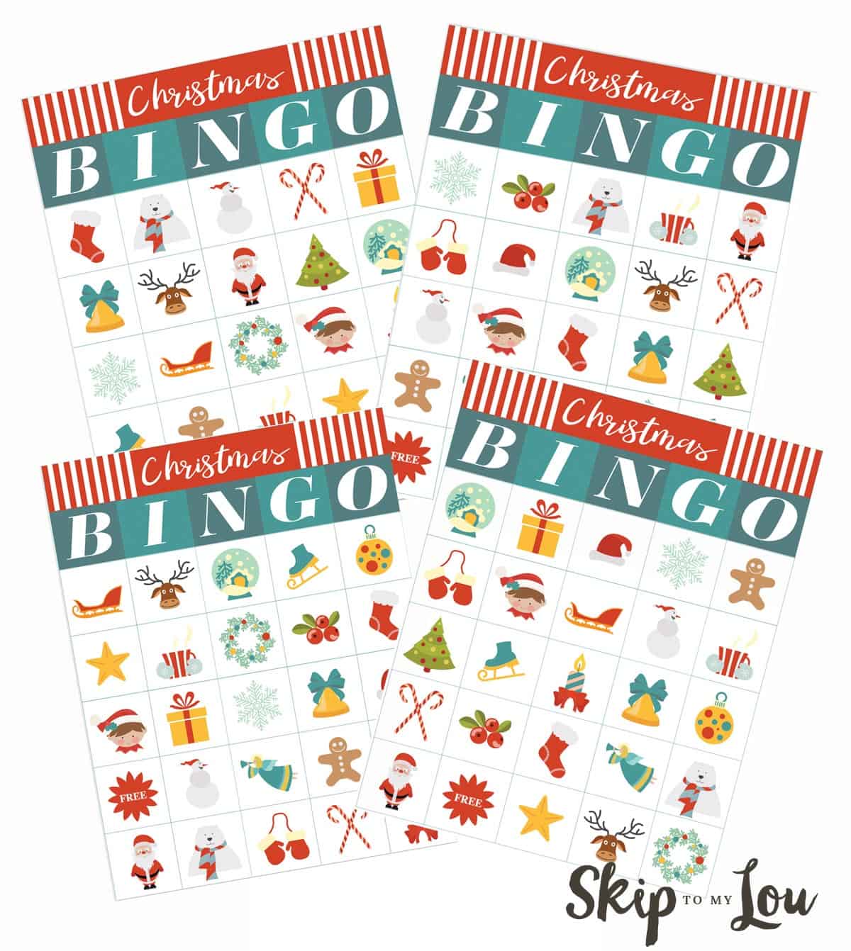 4 Red and green Christmas Bingo cards with Christmas pictures in the squares instead of numbers by Skip to my Lou.