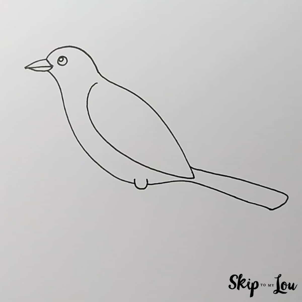 black and white drawing of the head, body and tail of a bird facing left by Skip to my Lou.