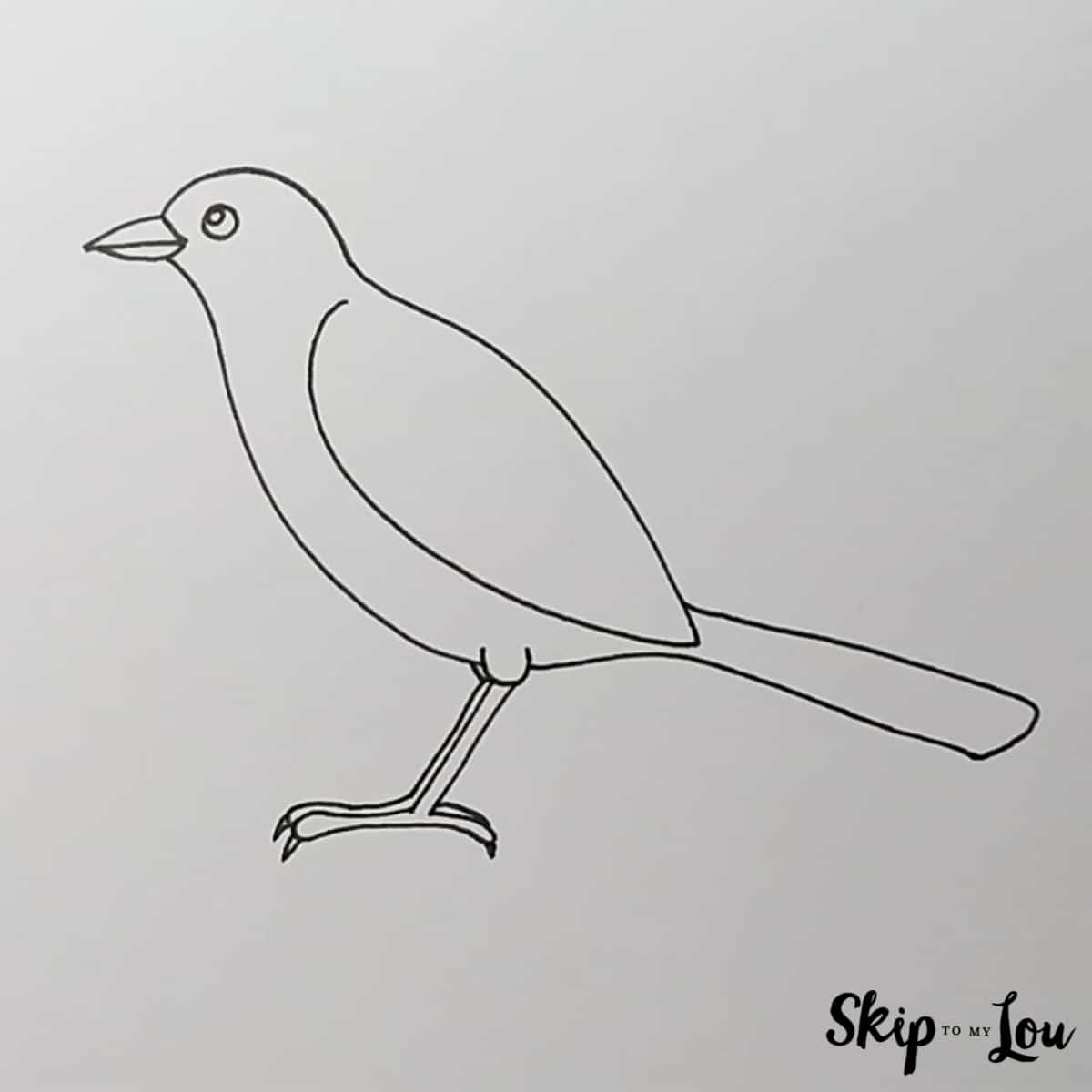 black and white outline of a bird's head, body, tail and feet by Skip to my Lou.