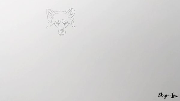 how to draw a wolf skip to my lou tutorial step 5 showing the eyes, nose, ears, and fur detail of the wolf.