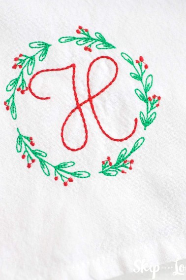 machine embroidered christmas wreath with initial