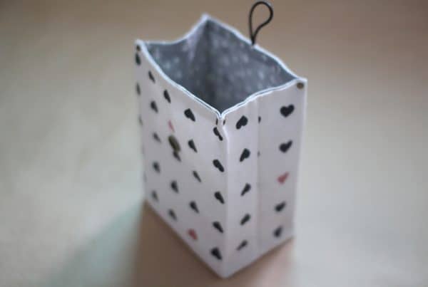 Gift bag with a heart pattern.
