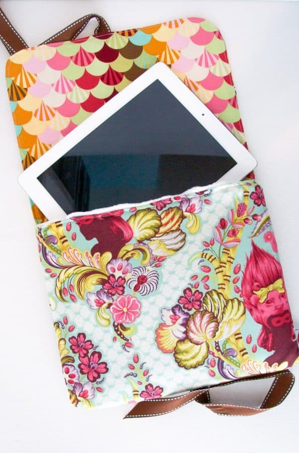 Ipad cover with straps and an ipad on top of it.