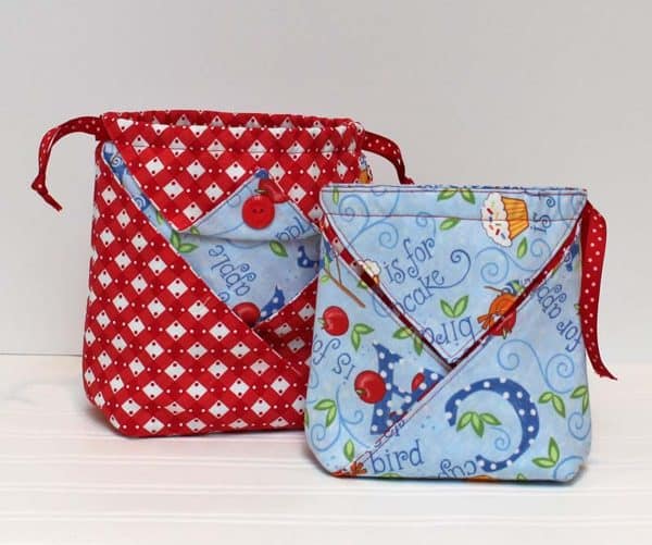 Image shows two pouches made with scrap fabric.