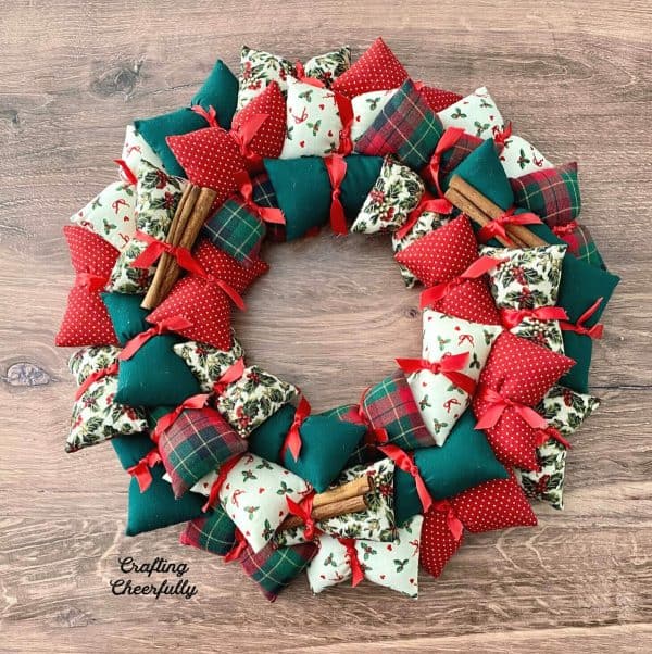 image shows a christmas wreath sewn together.