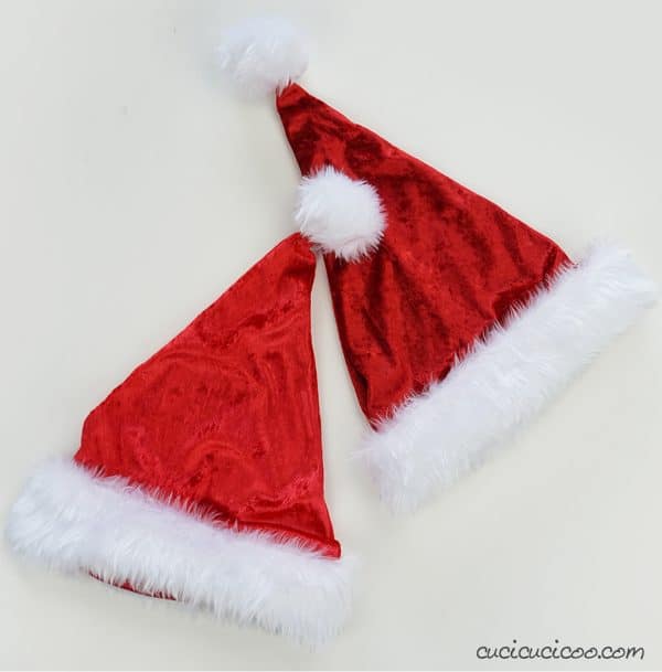 Image shows two DIY santa hats.