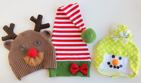Image shows three Christmas hats made from old sweaters.