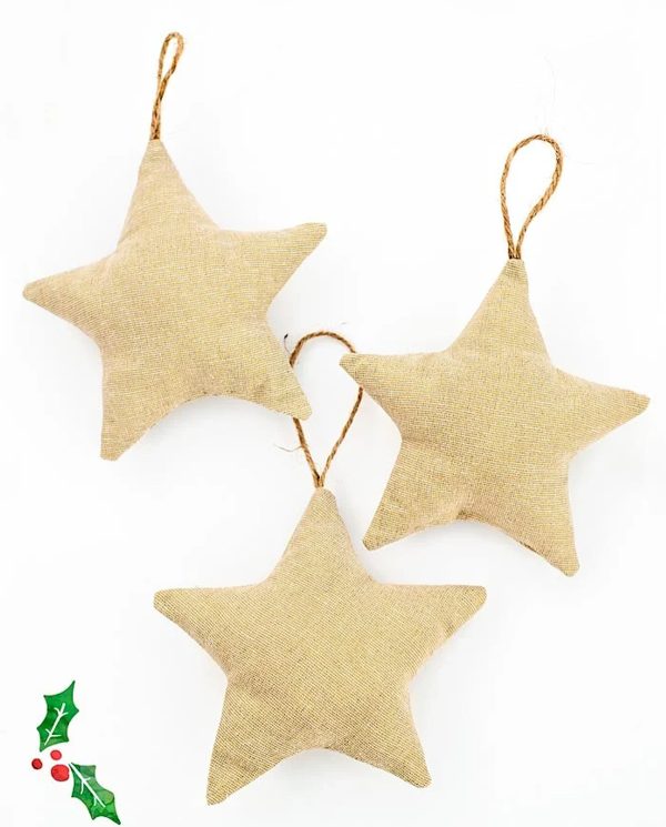 Image shows three star ornaments over a white background.