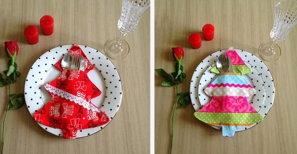 Image shows two photos with a festive cutlery holder and flowers next to them.