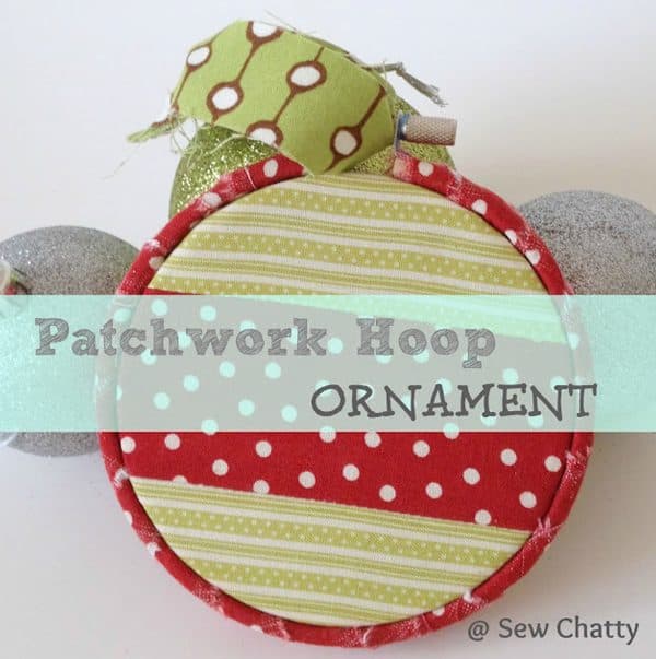 Image shows a patchwork hoop ornament. text reads sew chatty