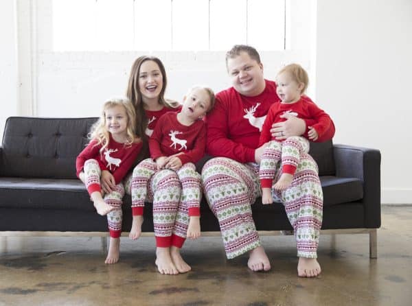 Image shows a family wearing a diy Christmas pajama.