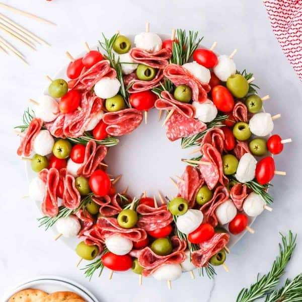 wreath charcuterie board ideas- antipasto skewers