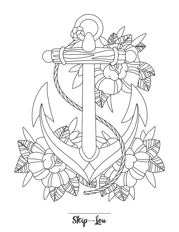 Anchor with flowers and a rope around it coloring page from skip to my lou