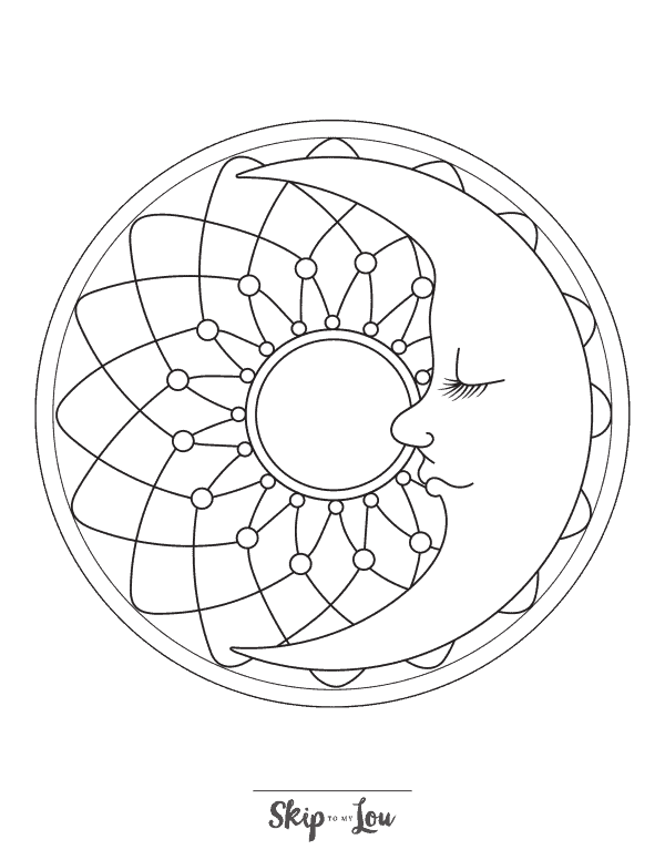 Moon on top of a patterned background coloring page from skip to my lou
