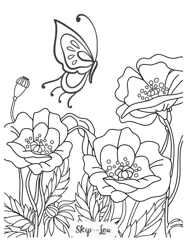 Close up drawing of flowers with a butterfly coloring page from skip to my lou