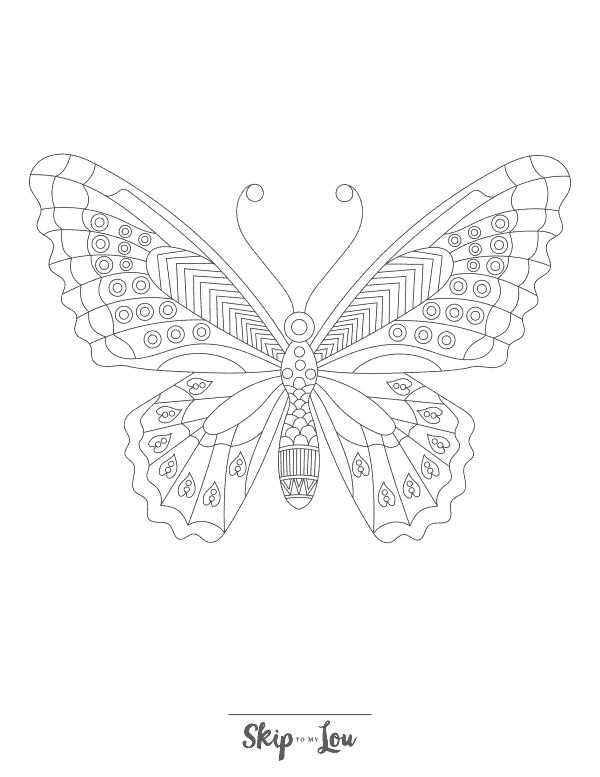 Butterfly with patterns like lines, circles and squares coloring page from skip to my lou