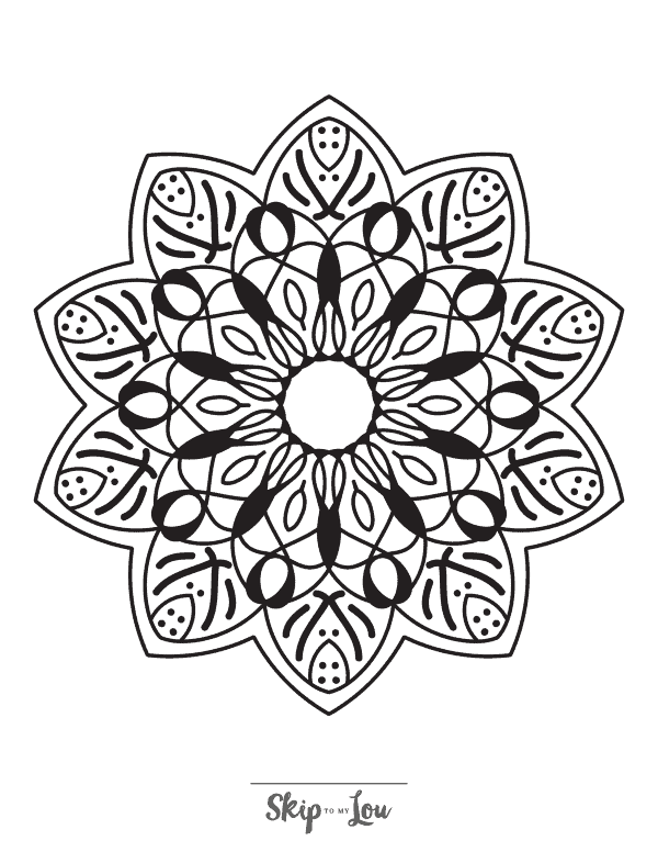 Flower mandala with different lines and patterns coloring page from skip to my lou