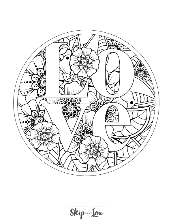 Word LOVE in capital letters on top of a flowers background coloring page from skip to my lou