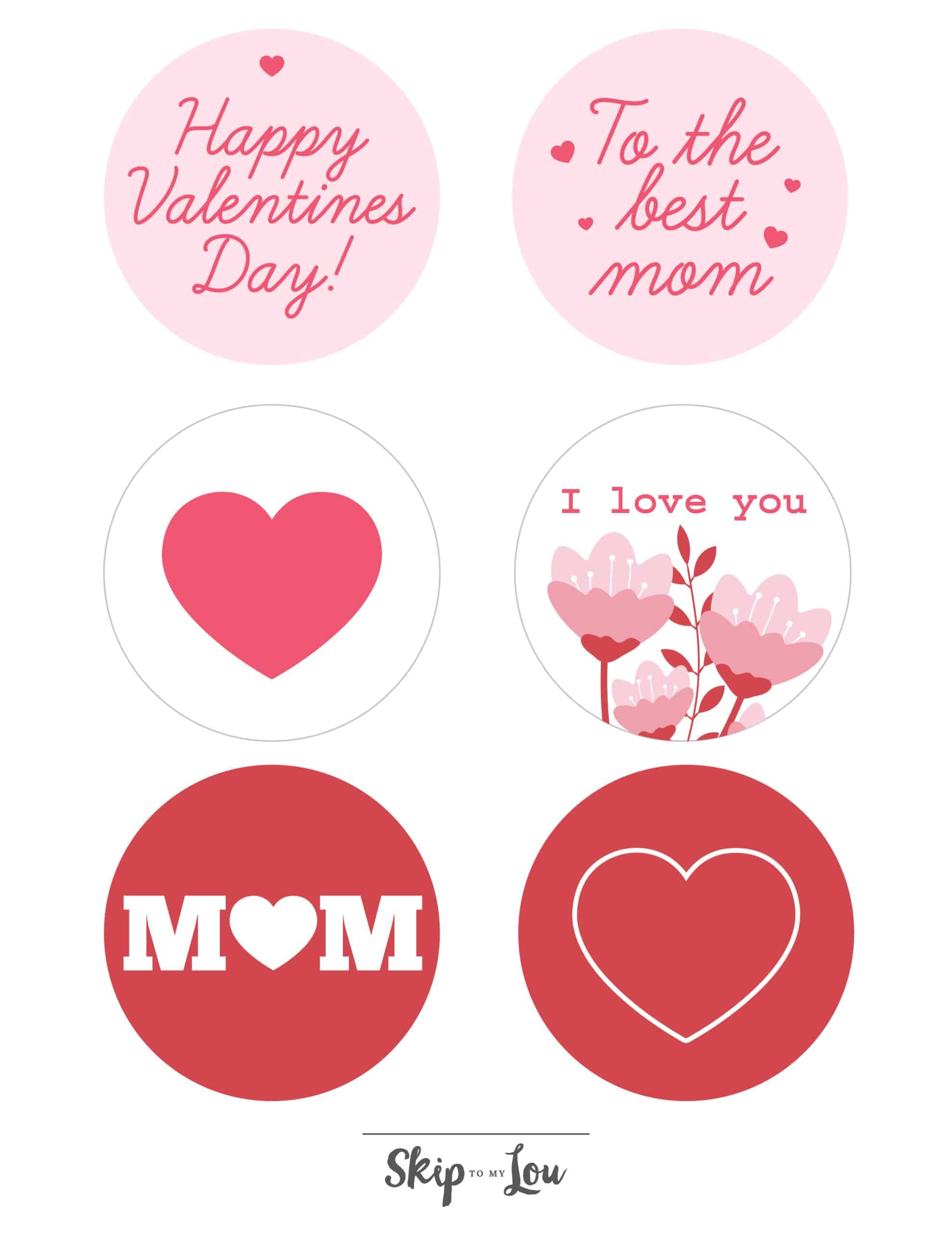 Happy valentine's day mom stickers to print and put on presents, cards, etc, with cute designs like flowers and hearts. fr