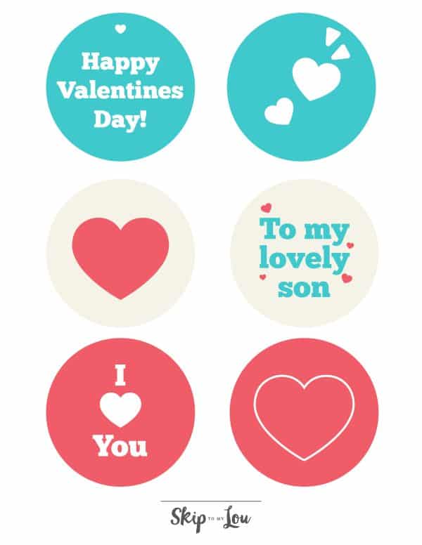six circles in white, light blue and dark pink with hearts and valentines messages