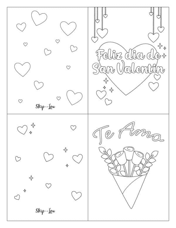 Image shows a printable Valentine's day card in Spanish that says "feliz dia de san valentine" and "te amo". - Skip to my lou