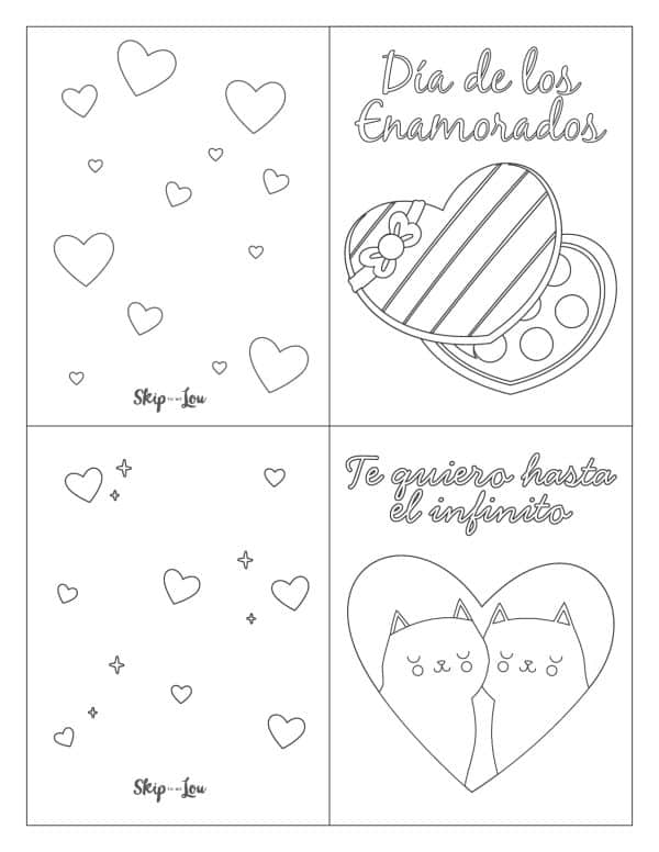 Image shows a printable Valentine's day card in Spanish that says "Dia de los enamorados" and "te quiero hasta el infinito". - Skip to my lou