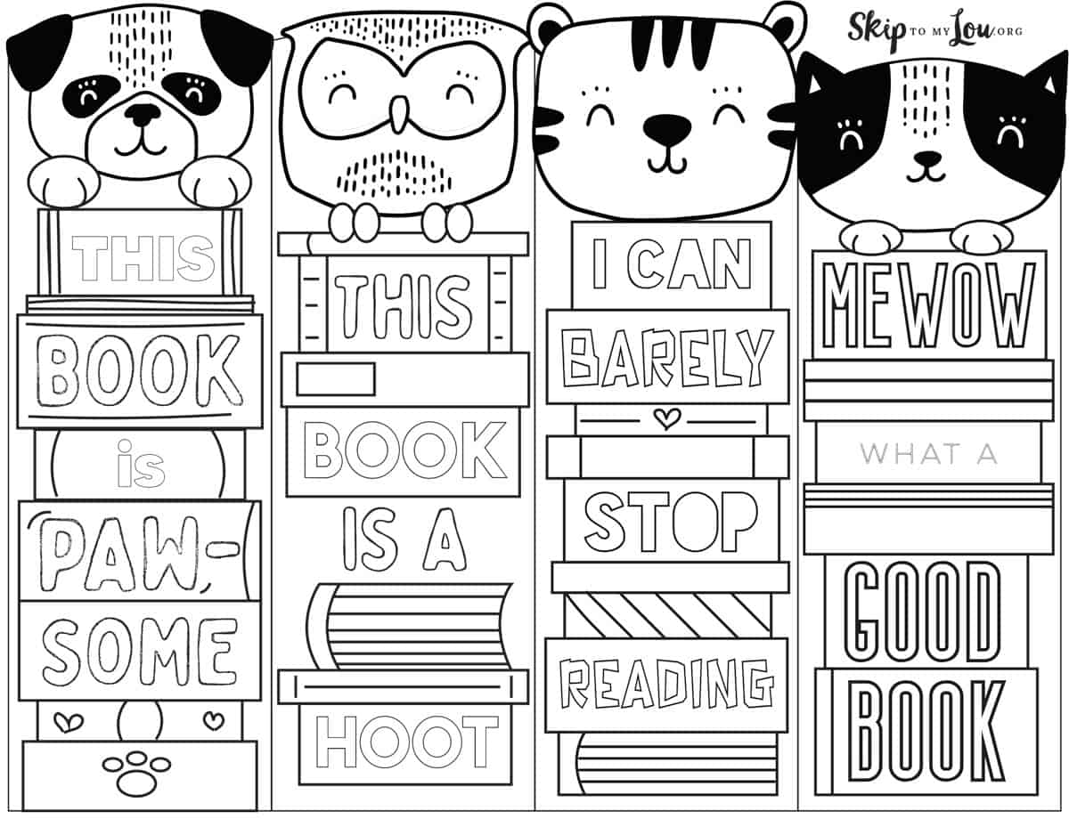 Collection of printable bookmarks for kids with the shapes of cat, owl and dog on top of books. from skip to my lou