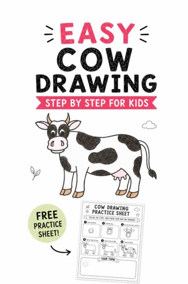 Easy cow drawing thumbnail with a colored cow, free practice sheet badge, and printable cow drawing practice sheet preview.
