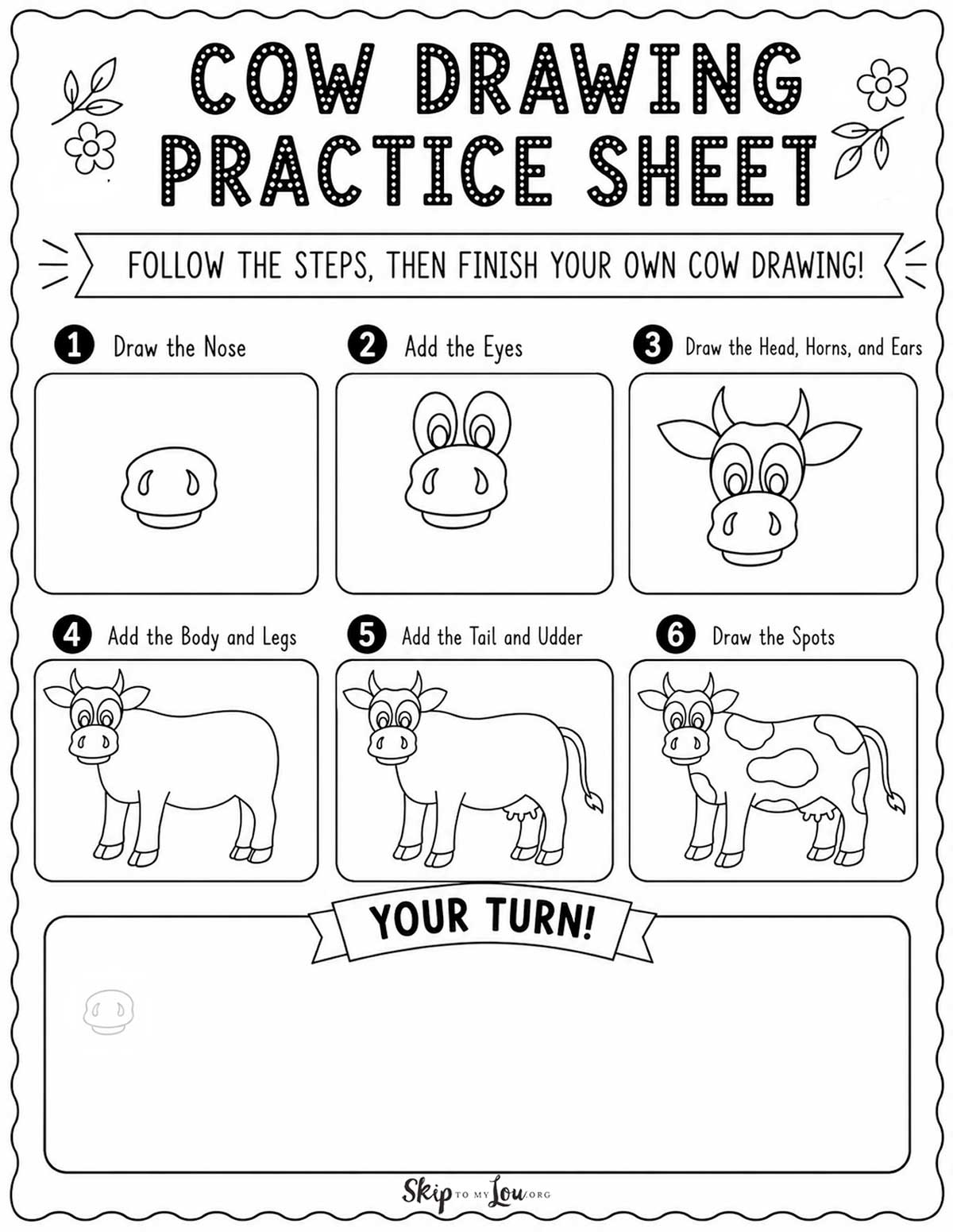 step by step practice sheet for drawing a cow