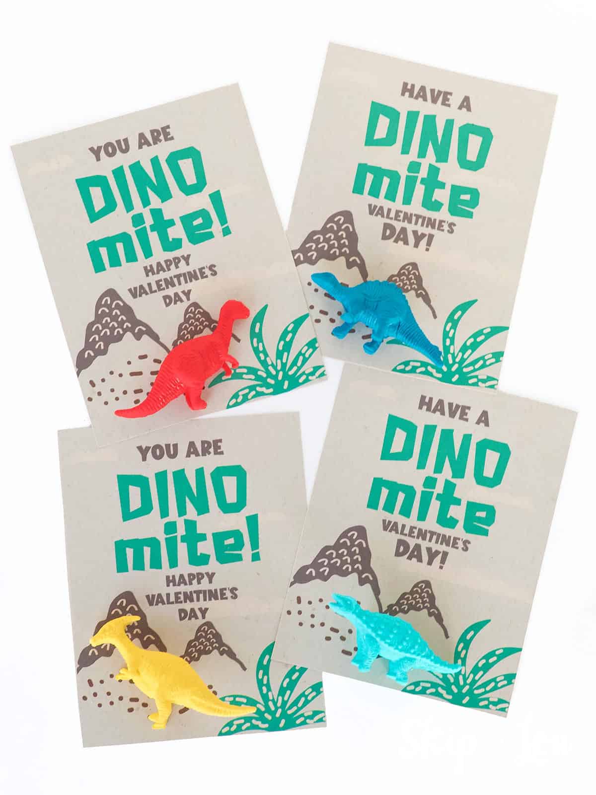 Four cards with Valentine messages saying, "You are Dino mite! Happy Valentine's Day" by Skip to my Lou.