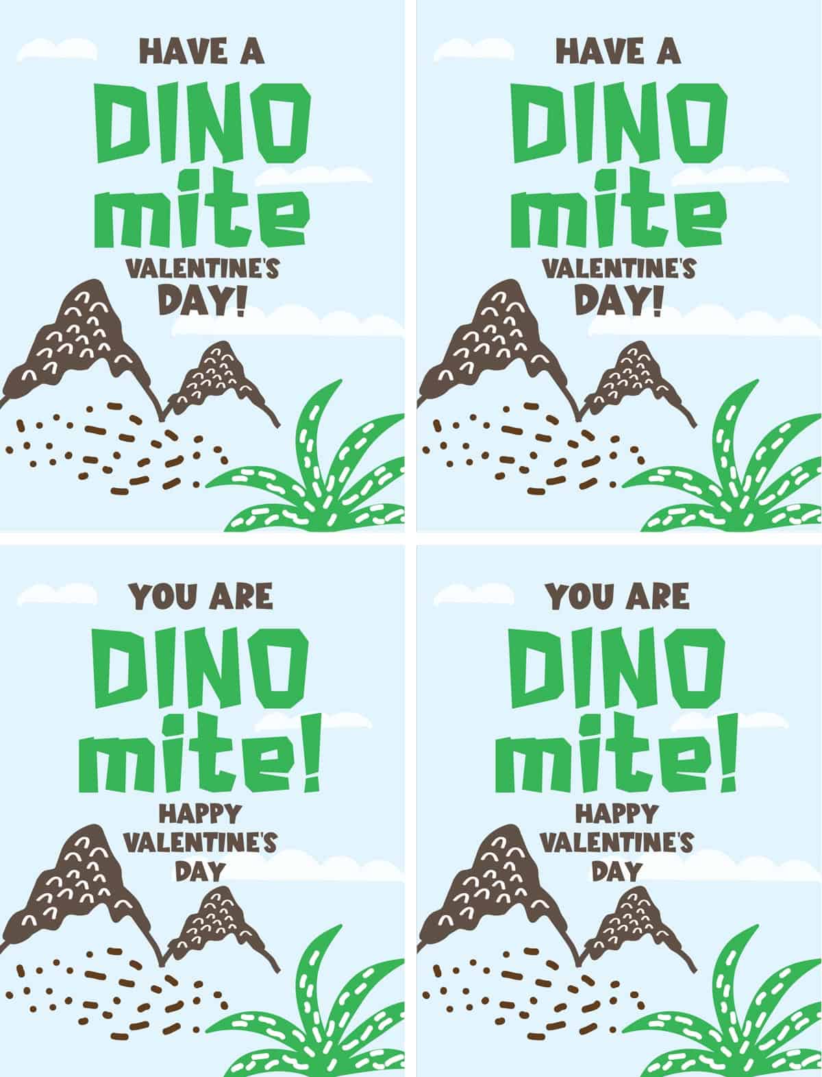 Four blue cards with brown mountains and green plants with dinosaur Valentine sayings, by Skip to my Lou.