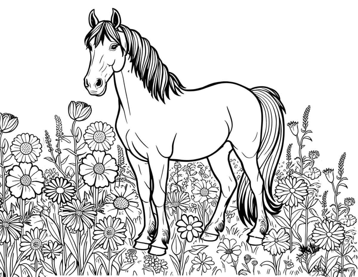 horse in field of flowers