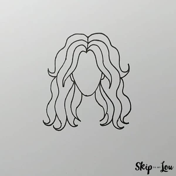 How to Draw Hair - Skip to my Lou Tutorial - Long Hair - Step 7 - Complete hair outline.