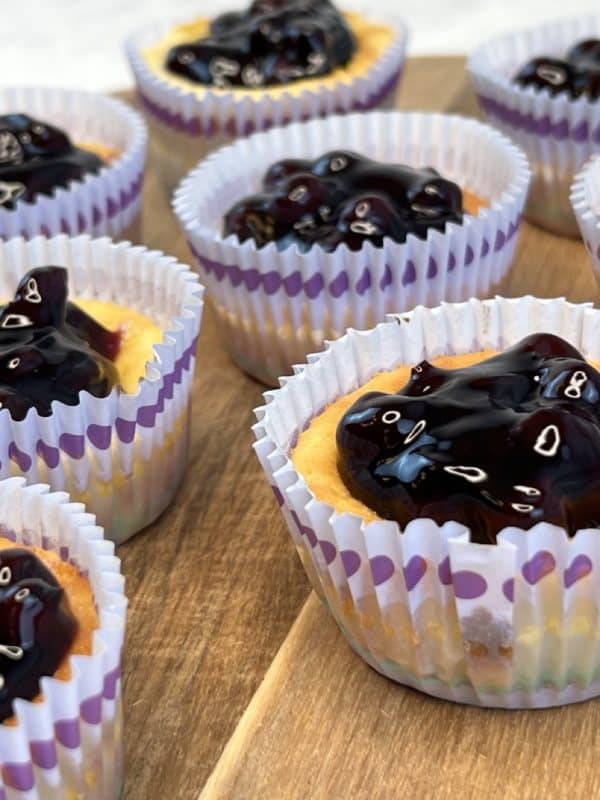 array of mini blueberry cheesecakes on a wooden surface