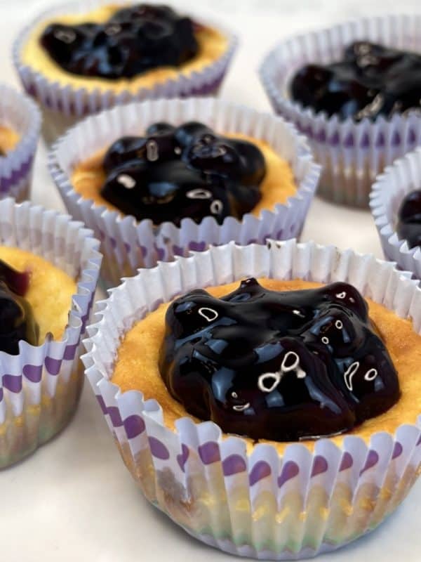 Array of mini blueberry cheesecakes
