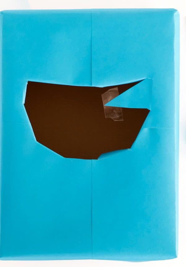 Shoe box wrapped in blue paper with shark mouth almost all the way opened by Skip to my Lou.