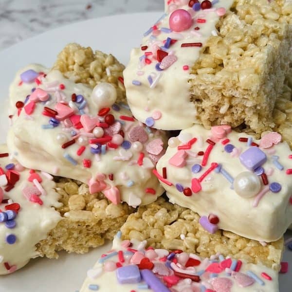 plate piled with valentine rice krispie treats