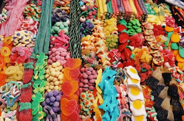 dailymom- candy charcuterie board ideas-rows of different candies