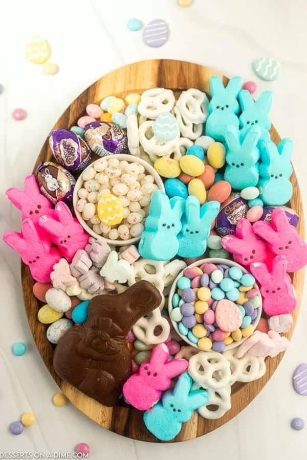 desserts on a dime- candy charcuterie board ideas-easter candy charcuteire board with blue and pink peeps