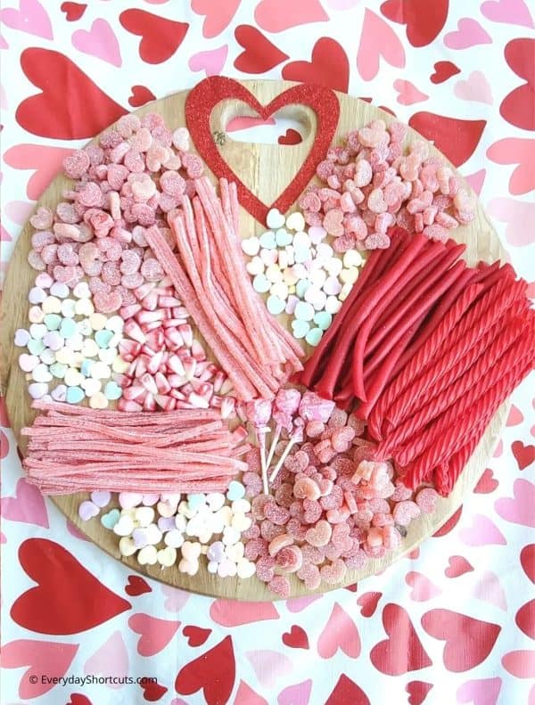 everyday shortcuts-valentines day candy board with all pink and red candies.