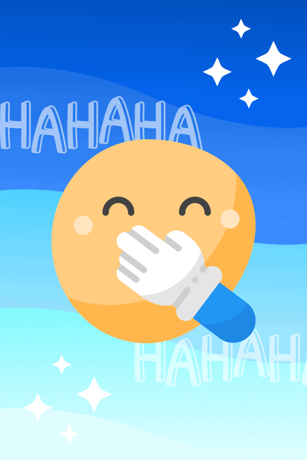 Image shows a smiley laughing and covering his smile, with a "Hahaha" text on the background