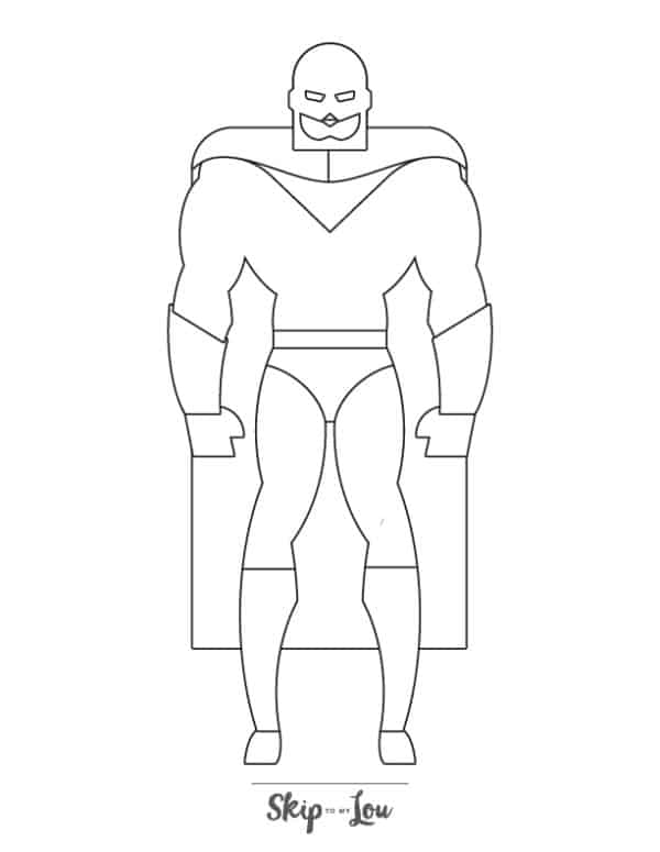 Superhero with a mask and a cape standing coloring page from Skip to my Lou