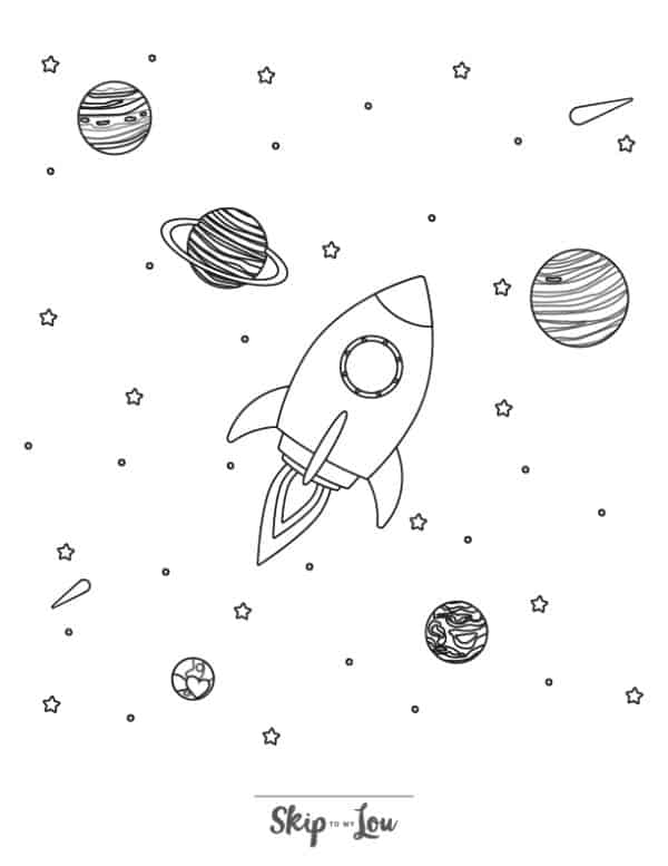 Rocket in space next to stars and planets coloring page from skip to my lou