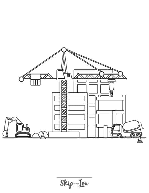 Construction site with construction trucks coloring page from skip to my lou