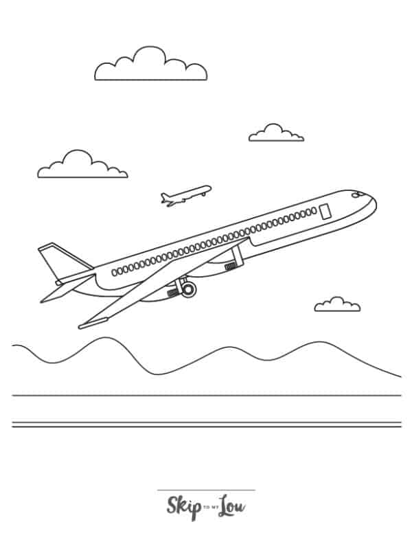 Plane taking off with mountains in the background and flying next to another plane coloring page from skip to my lou