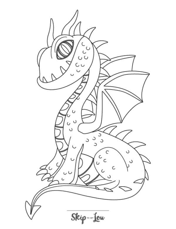 Cute dragon with scales and wings coloring page from skip to my lou