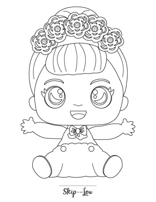 Baby princess wearing a flower headband coloring page from Skip to my Lou