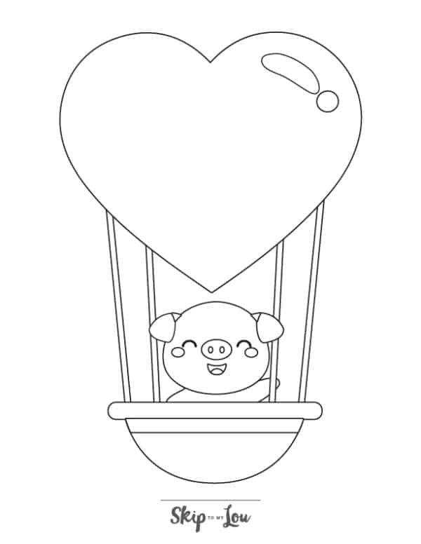 Cute pig riding a heart balloon coloring page from skip to my lou