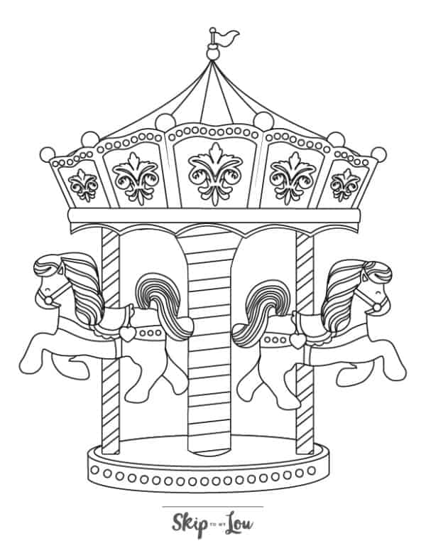 Carousel with cute details and horses looking opposite ways coloring page from Skip to my Lou