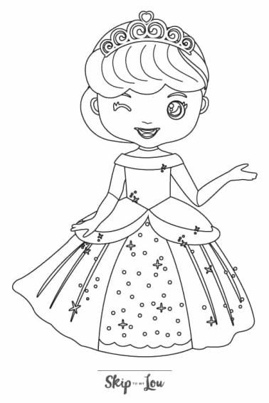 Princess with a sparkly dress and tiara winking coloring page from Skip to my Lou